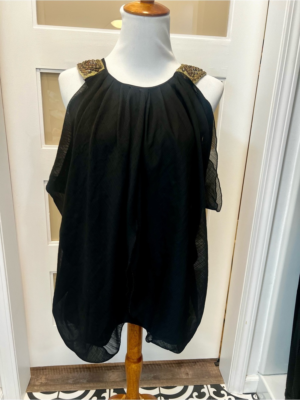 Black Sleeveless Beaded Shoulder Top Size S